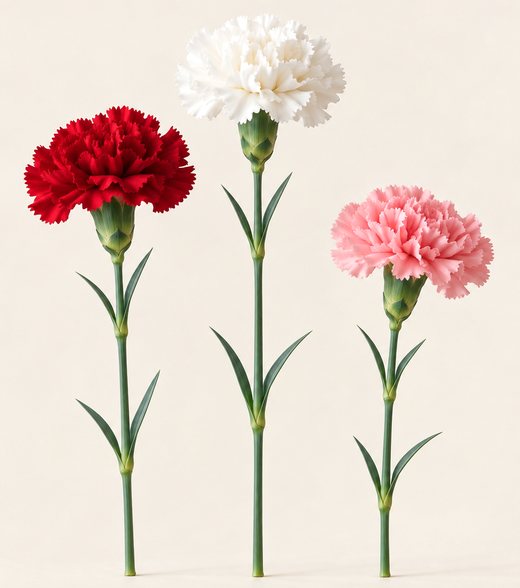 Tres claveles: rojo, blanco y rosa